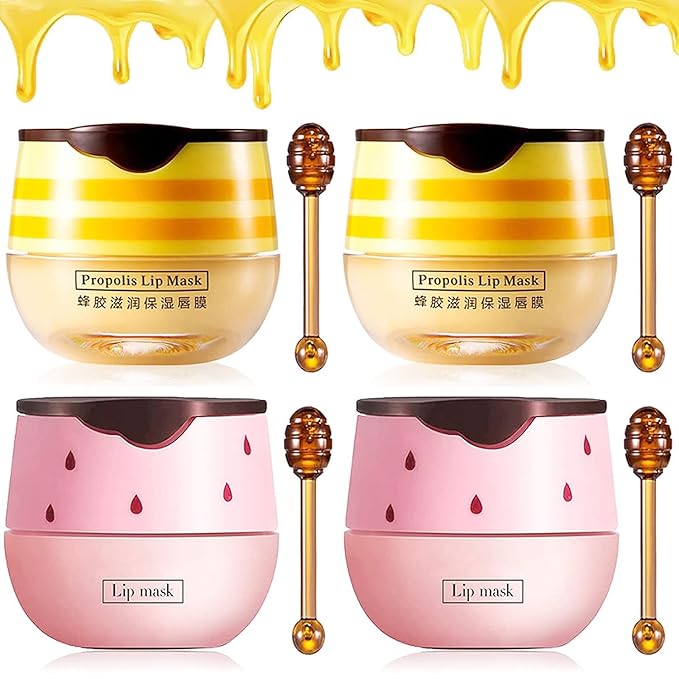 4PCS Bee Lip Balm Honey Lip Balm,Exfoliating Honey Pot Lip Balm Sleeping Lip Mask with Brush, Hydrating & Prevention Dry and Cracked, Lip Scrubs Exfoliator & Moisturizer