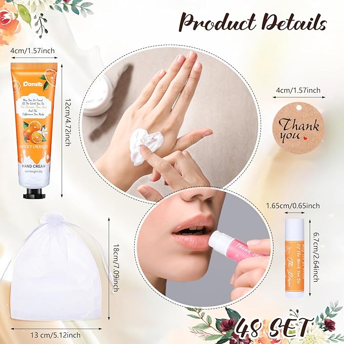 48 Set Thank You Gifts for Employee Hand Cream and Lip Balm Bulk Set with Organza Bag Thank You Card Hand Lotion Appreciation Gift Set for Women Men Coworkers Volunteer