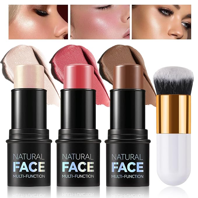 Highlighter Stick Cream Blush Stick Bronzer Contour Stick Makeup,3 PCS Cream Contour Kit with Contour Brush,Long Lasting & Professional Highlighters Makeup Stick for Beginner-Set B