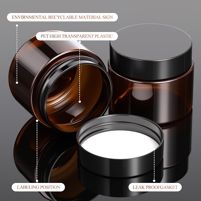 SATINIOR 24 Pieces Empty Clear Plastic Jars with Lids Round Storage Containers Wide Mouth for Beauty Product Cosmetic Cream Lotion Liquid Butter Craft and Food(Amber Lid,2 oz)