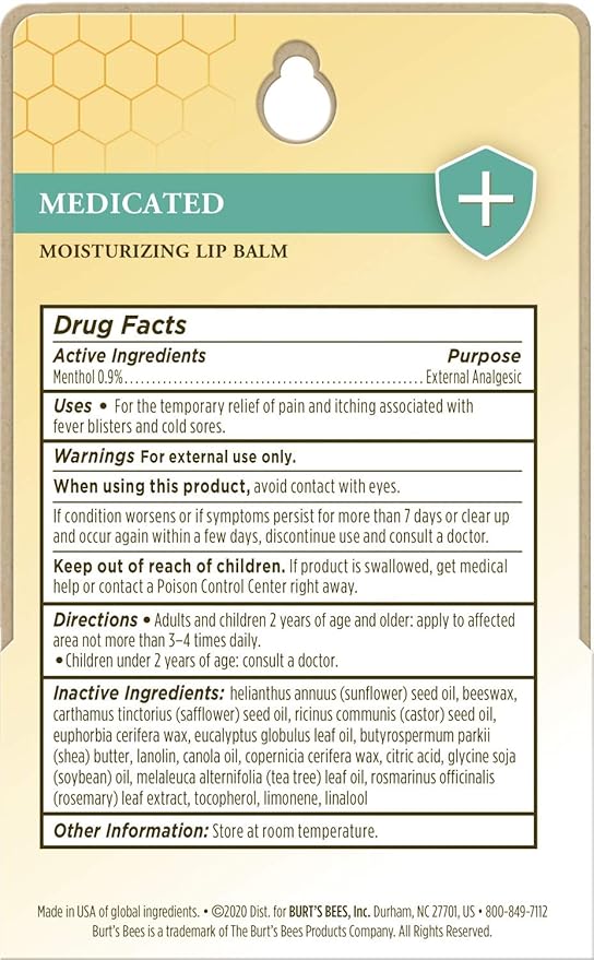 Burt's Bees Medicated Lip Balm, With Eucalyptus Oil and Menthol, Tint-Free, Natural Origin Lip Care, 2 Tubes, 0.15 oz.