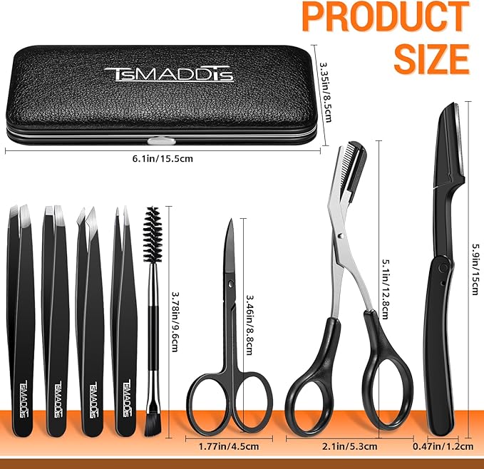 TsMADDTs Tweezers for Men, 8 in 1 Professional Eyebrow Tweezers Kit with Eyebrow Trimmer & Scissors, Razor, Brush, Skin Care Tools