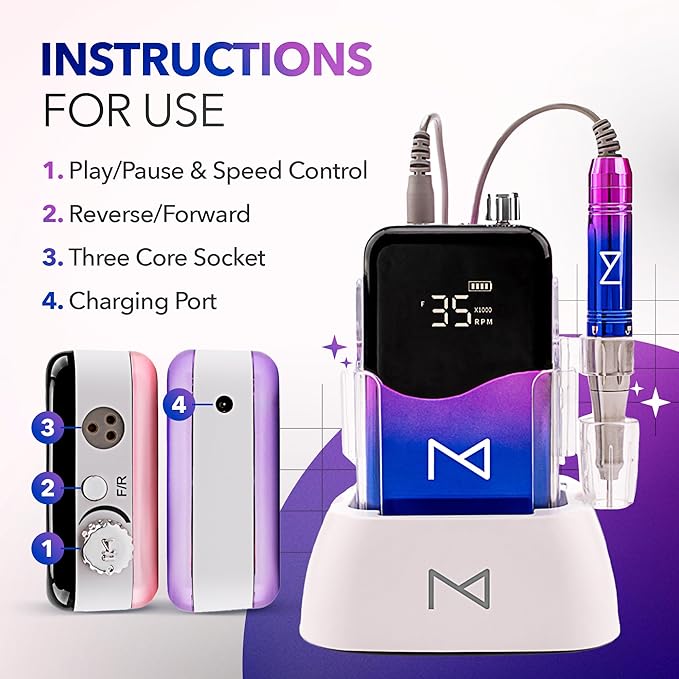 M Mase- Professional Nail Drill Machine - Coreless 2-in-1 Nail File - Electric, Cordless, 35000 RPM, HD Display - Electric Nail Drill for Professional & Home Use (Unicorn Pink Blue)