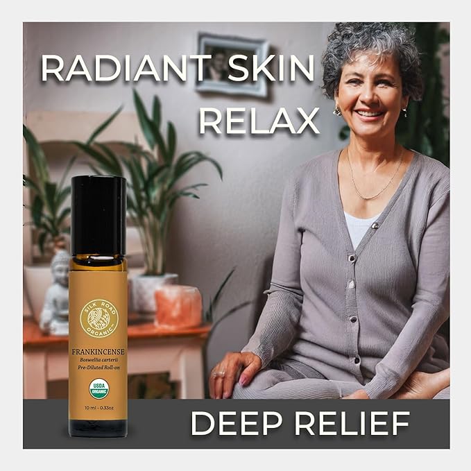 Silk Road Organic Frankincense Carterii Essential Oil Roll On, 100% Pure USDA Certified Aromatherapy for Radiant Skin, Body Aches, Stress Relief, & Calm - 10 ml Roller