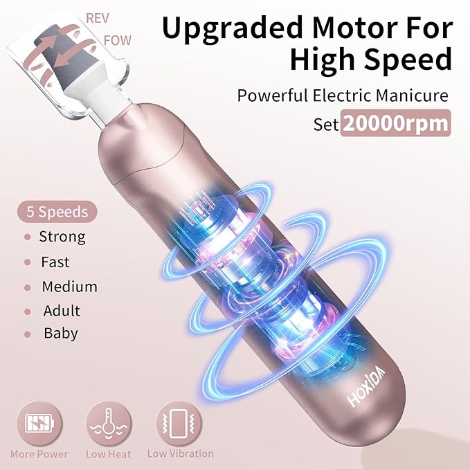 Manicure Pedicure Kit with Case, Professional Nail Grinder for Senior Thick Toenail, Cordless Electric Nail File, 5 Speeds Pedicure Tools for feet Callus Remover, Nail Drill for Women Hand Feet Care