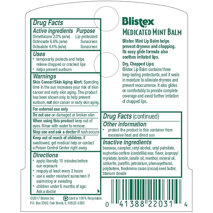 Blistex Medicated Mint Balm SPF 15 0.15 oz (Pack of 9)