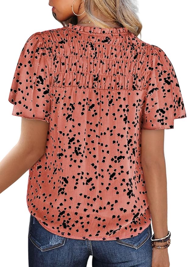 SHEWIN Women's Casual V Neck Floral Print Smocked Short Sleeve Chiffon Blouses Bohemian Top Shirts