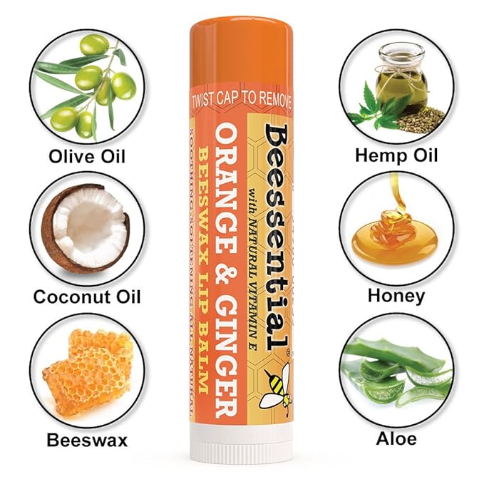 Beessential Natural Bulk Lip Balm, Orange Ginger, 18 Pack | For Men, Women, and Children. Great for Gifts, Showers, & More