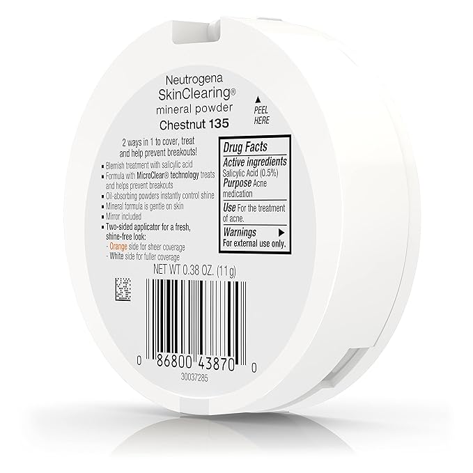 Neutrogena SkinClearing Mineral Acne-Concealing Pressed Powder Compact, Shine-Free & Oil-Absorbing Makeup with Salicylic Acid to Cover, Treat, & Prevent Breakouts, Chestnut 135,.38 oz