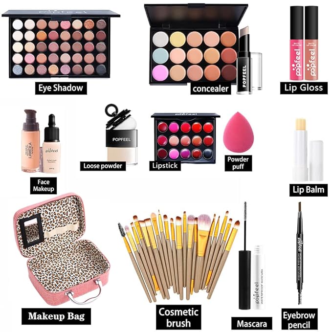 All in one makeup kit for women full kit makeup set for girls teens Eyeshadow Palette, Lip Gloss, Lipstick, Foundation, Mascara, Eyebrow Pencil, Eyeliner, Contour Stick, Powder Puff, Makeup Brushes,