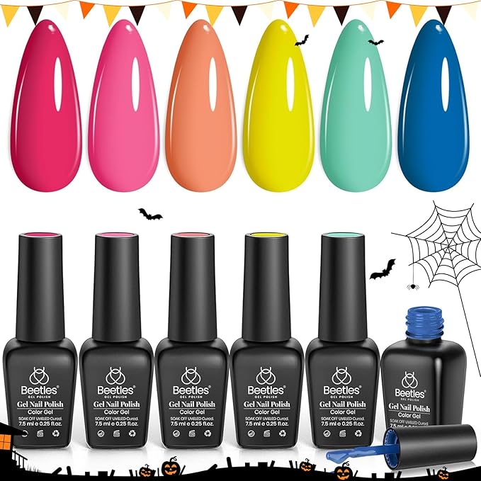 Beetles Gel Nail Polish Set, 6 Colors Bright Rainbow Nail Art Orange Blue Pink Green Neon Gel Polish Kit Soak Off UV Gel DIY Nail Art for Women Pool Party Holiday Manicure