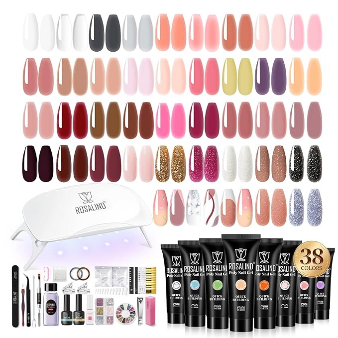 ROSALIND 38PCS Poly Nail Gel Kit with Mini Nail Lamp Glitter Brown Poly Extension Gels Kit Nude Pink Poly Gels Set