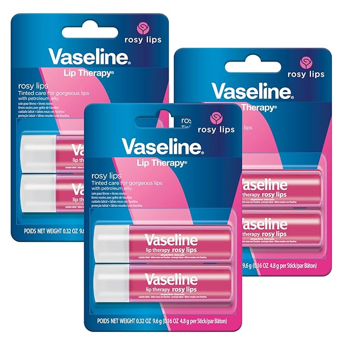 Vaseline Lip Therapy Care Rosy, Fast-Acting Nourishment, Ideal for Chapped, Dry, Cracked, or Damaged Lips, Lip Balm, 3-Pack of 2, 0.16 Oz Each, 6 Lip Balms