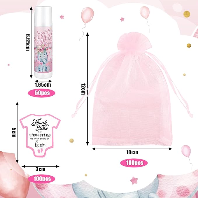 Demissle 50 Pcs Baby Shower Lip Balm Gift Set with 100 Pcs Organza Bags Baby Shower Party Favor for Guest Thank You Tag Rope Baby Shower Party Decoration Gender Reveal Souvenirs(Elephant)