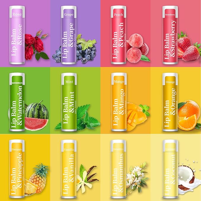 84 Pack of Lip Balm, 12 Flavored Lip Balms Natural Organic Vitamin E Lip Balm Pack for Dry Cracked Lips, Moisturising Lip Balm Bulk Gifts Stocking Stuffers Party Favors(4.2g/0.15oz)