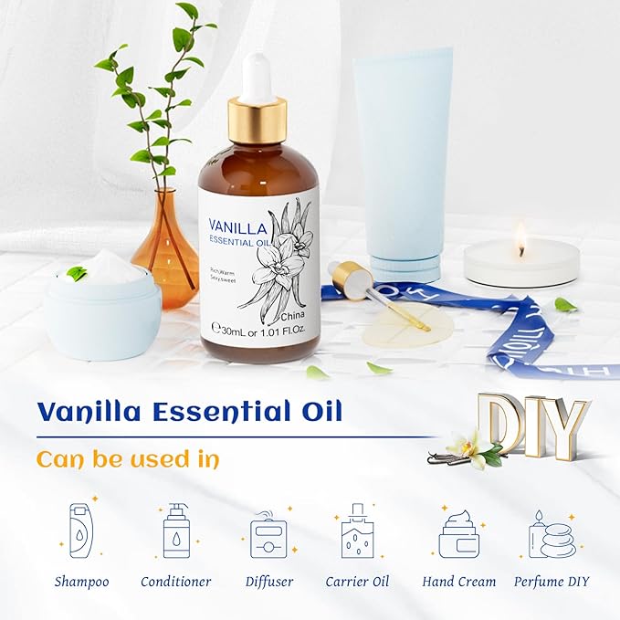 HIQILI 1 Fl Oz Vanilla Essential Oil, Undiluted Natural Strong Fragrance Add in Skin Perfume, Unscented Lotion, Candle Soap Making Scent, Relax at Home with Diffuse Warm Sweet Aroma