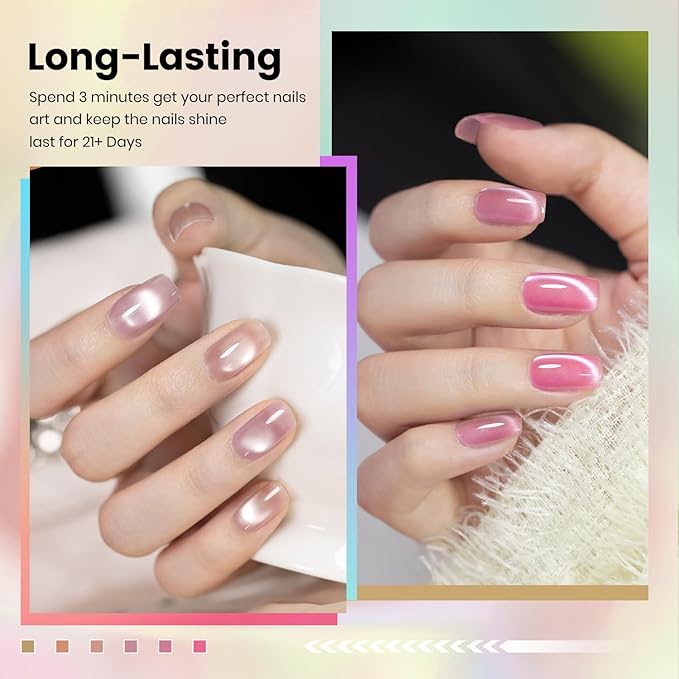 RARJSM Nude Jelly Glass Cat Eye Gel Nail Polish Set 6Pcs Champagne Gold Rose Blush Metal Pink Red Smoothie Ceramics Cateye Silver Glitter Gelpolish with Magnetic Stick UV LED Curing Require Home Salon
