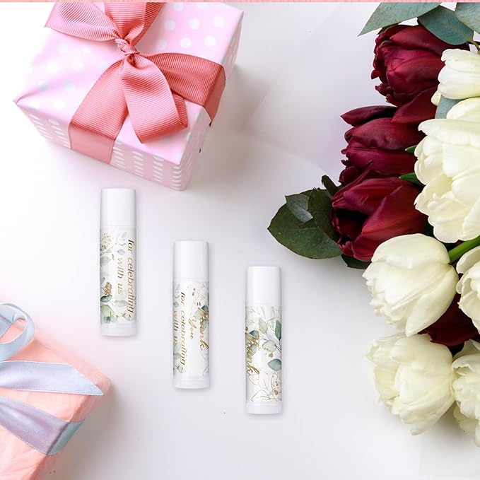 Dunzy 50 Pcs Thank You Gift Lip Balm Bulk Baby Shower Party Favors Bridal Shower Favor Lip Care with Assorted Fruit Flavors Thank You Lipstick for Guest Basket Gift Stuffer (Eucalyptus)