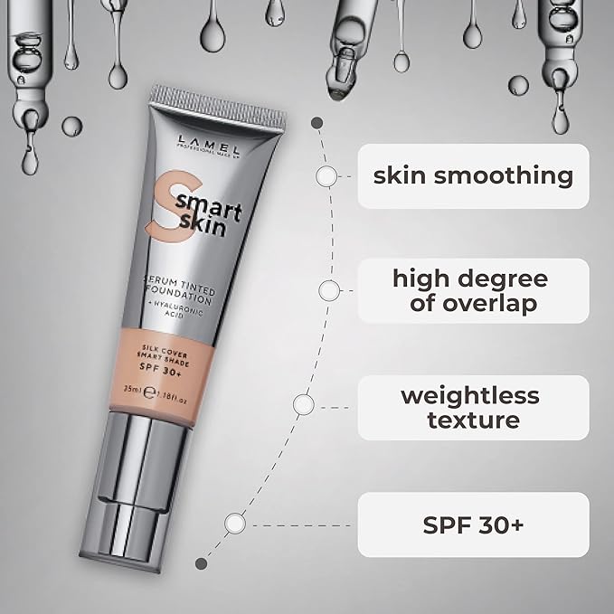 LAMEL Smartskin Serum Tinted Foundation - Hydrating & Nourishing - Hypoallergenic & Skin-Caring - Color Correcting - Anti-Aging Formula with Hyaluronic Acid, 404-1,18 fl.oz