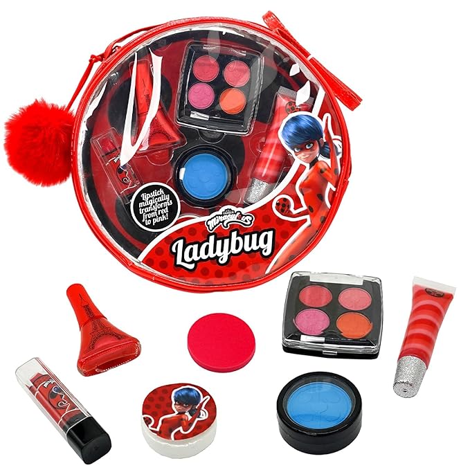 Miraculous Ladybug Kids Makeup Set - 10 Piece Bag with Nail Polish, Hair Chalk, Stickers & More - Safe, Non-Toxic Pretend Play Cosmetics - Miraculous Ladybug Themed Makeup Kit for Children