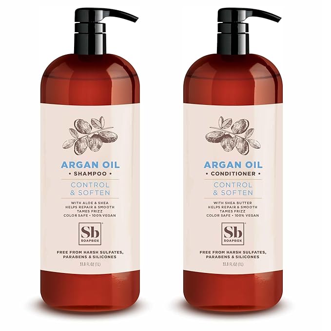 Soapbox Argan Shampoo & Conditioner Set, Volumizing, Vegan, Color Safe, Harsh Sulfate & Silicone Free, 1 Liter Each (Pack of 2)