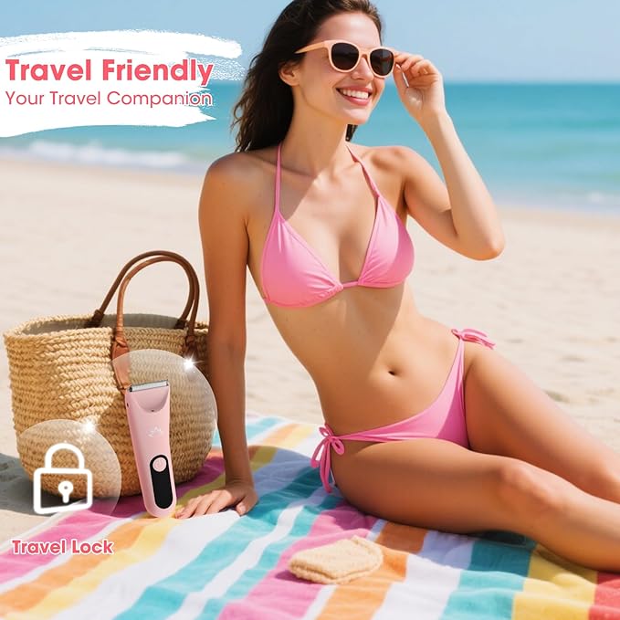 Bikini Trimmer for Women, Painless Pubic Hair Trimmer for Armpit Leg Arm Body Private Area,Rechargeable Womens Electric Razors Shaver LED Light Ceramic Blade IPX7 Waterproof Wet/Dry LCD Display,Pink