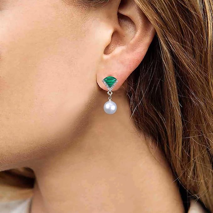 Vintage Cz Emerald Pearl Earrings Gold Pearl Drop Earrings Triangle Emerald Earrings Geometric Emerald Stud Earrings Jewelry for Women and Girls