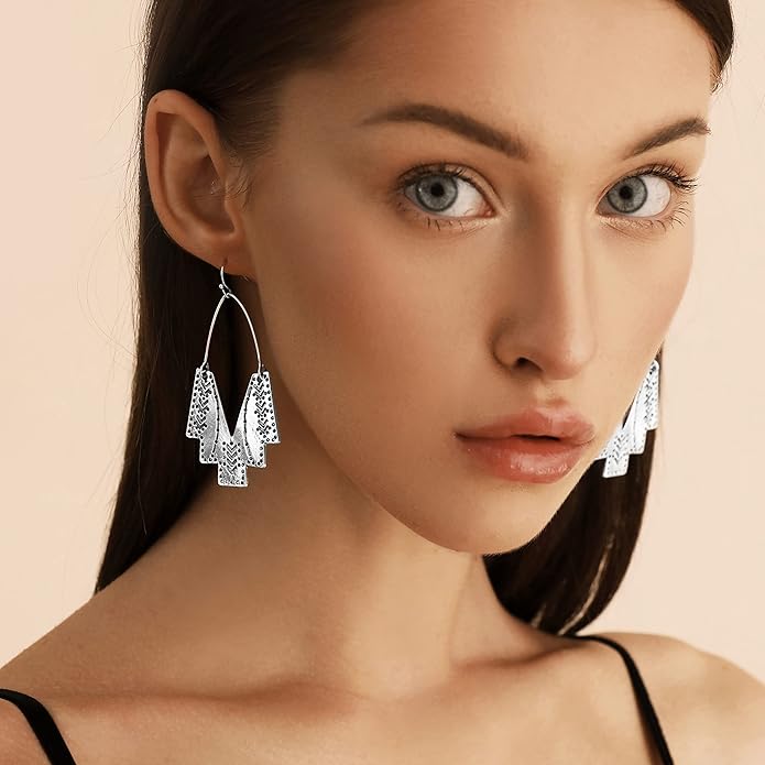 Zealmer Gold Geometric Earrings Statement Vintage Boho Ethnic Earrings Hollow Out Fan Shape Dangle Drop Earrings for Women Birthday Christmas Valentines Day Gift