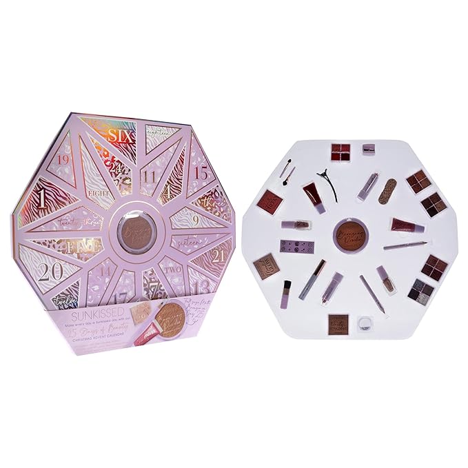 Sunkissed Christmas 25 Days of Beauty - Face, Lips and Eye Makeup - 2 Nail Polishes and 3 Cosmetic Brush Applicators - Vegan Formula - 25 Makeup Products and Accessories - 1 pc Gift Set