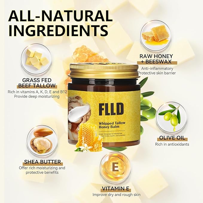 Organic Grass Fed Whipped Tallow and Honey Balm 4oz - Facial Cream, Lip Moisturizer, Body Balm