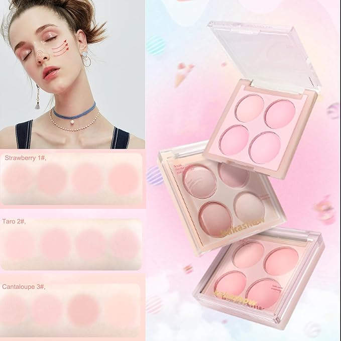 Matte Blush Powder Palette, Blending Mood Cheek, 4 Blendable Shades Korean Fairy Pink Blusher in Lightweight Smooth Powder, Vegan Makeup (Strawberry 1#, 1.84 ounces)