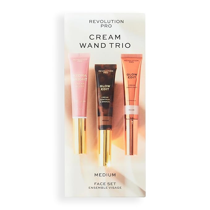 Cream Face Wand Trio, Cream Contour, Blush & Highlighter Makeup Set, Vegan & Cruelty-Free, Medium, 1x12ml, 2x15ml