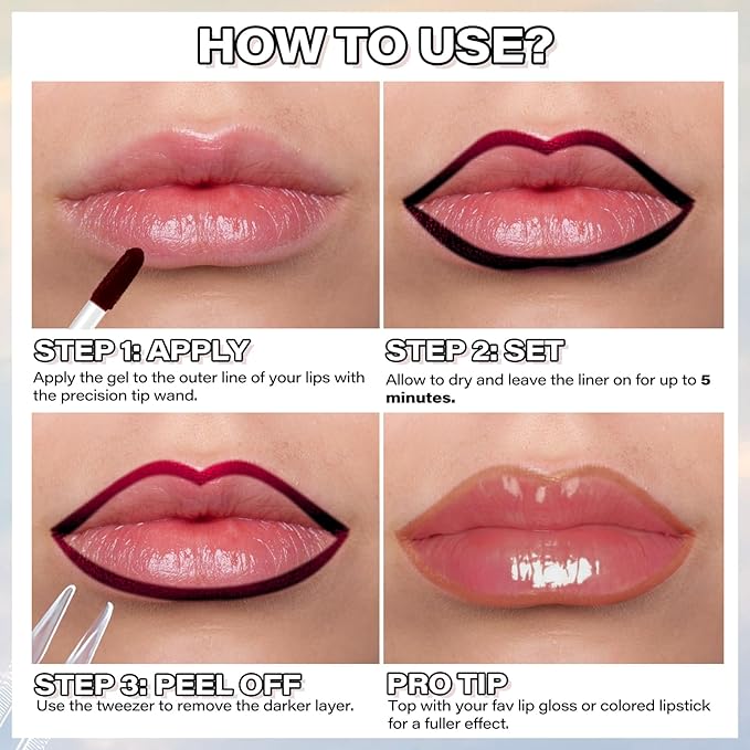 Cilrofelr Peel Off Lip Liner Stain with Tweezer, Long Wear Tattoo Lip Liner, Peel Off Lip Stain with Matte Finish, Long Lasting, Waterproof, Transfer-proof, Highly Pigmented Color (Nude Beige)
