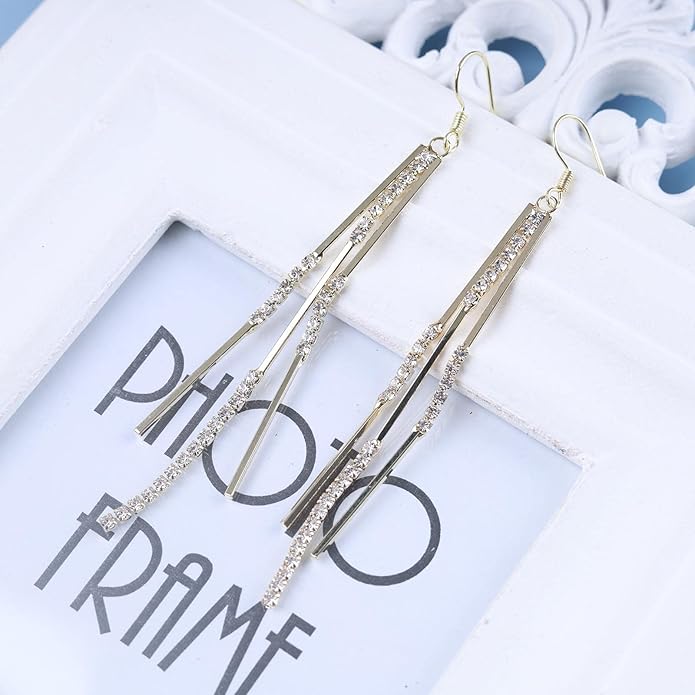 Vintage Crystal Tassel Earrings Rhinestone Bar Drop Earrings Long Rhinestone Chain Earrings Gold Cz Bar Hook Earrings Sparkle Tennis Chain Earrings Jewelry for Women