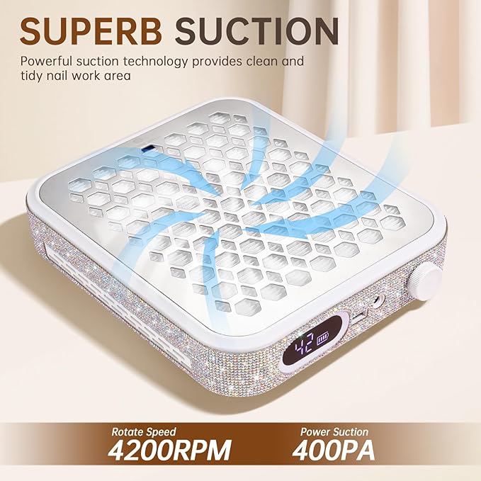 Nail Dust Collector, Rechargeable Dust Collector Nail Tech, Powerful Vacuum Fan Vent Dust Collector Extractor Dust Suction Machine for Acrylic Nails Polishing, Nail Salon&Home, White