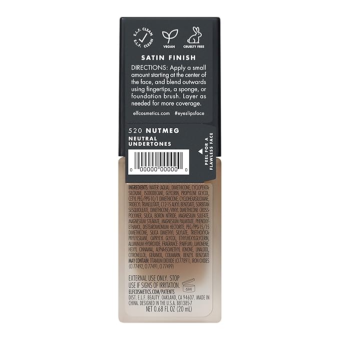 e.l.f. Flawless Finish Foundation, Lightweight & Medium Coverage, Semi-Matte Finish, Nutmeg, 0.68 Fl Oz (20mL)