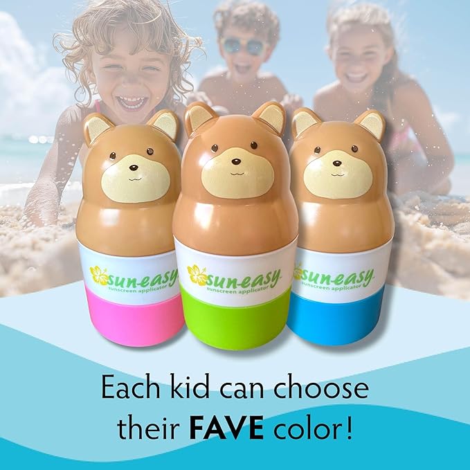Sun-Easy Sunscreen Applicator, Refillable Roll-On with Sponge for Kids and Babies, Fun, Fast and Mess-Free application, Holds 100 ml, Bear/Green Cap