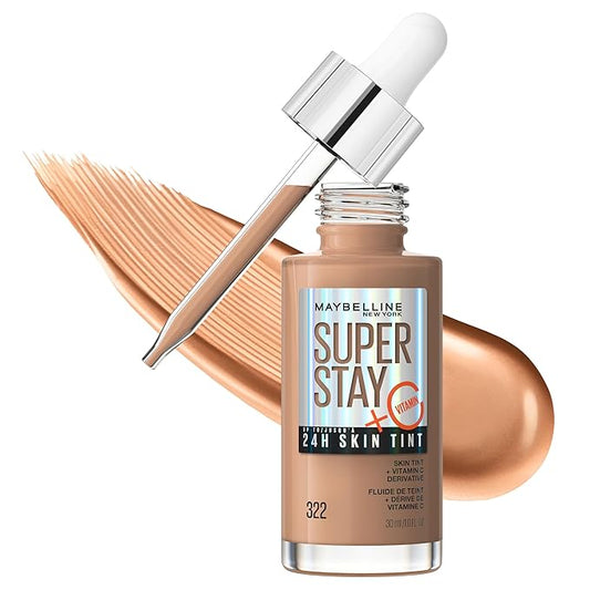 Maybelline Super Stay Up to 24HR Skin Tint, Radiant Light-to-Medium Coverage Foundation, Makeup Infused With Vitamin C, 322, 1 Count