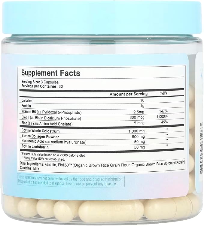 Hair Skin and Nails Vitamins w/Bovine Colostrum, Collagen, Hyaluronic Acid, Biotin, Zinc, & Lactoferrin┃Supports Faster Hair Growth, Stronger Nails and Glowing Skin (30 Servings, Capsule)