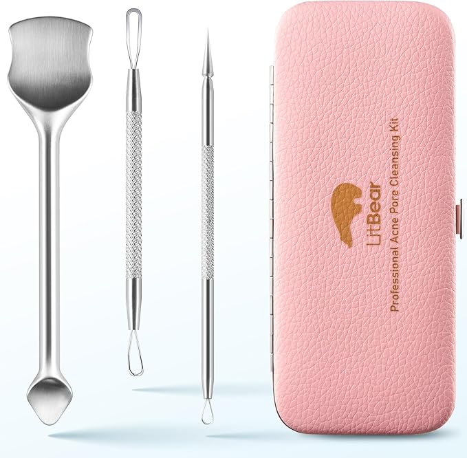 LitBear Pore Prep Tool, Blackhead Remover Pimple Popper Tool Kit, Stainless Steel Blackhead Extractions Tool for Acne, Whitehead Popping, Blemish, Comedone, Pink