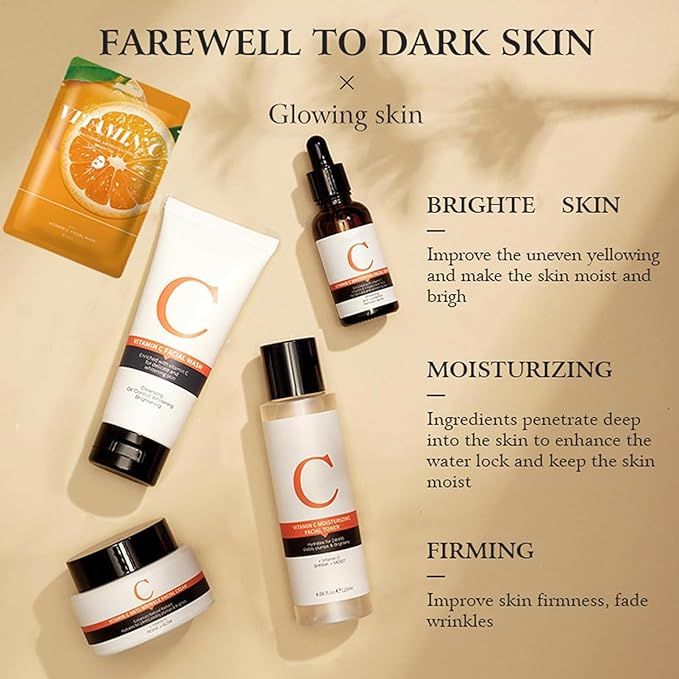 Vitamin C Skin Care Sets, 6Pcs Skin Care Products Set, Skin Care Gift Set for Women Girls, Hydrating Skincare Routine Set, Face Care Kit Includes Cleanser, Mask, Face Serum, Toner, Cream