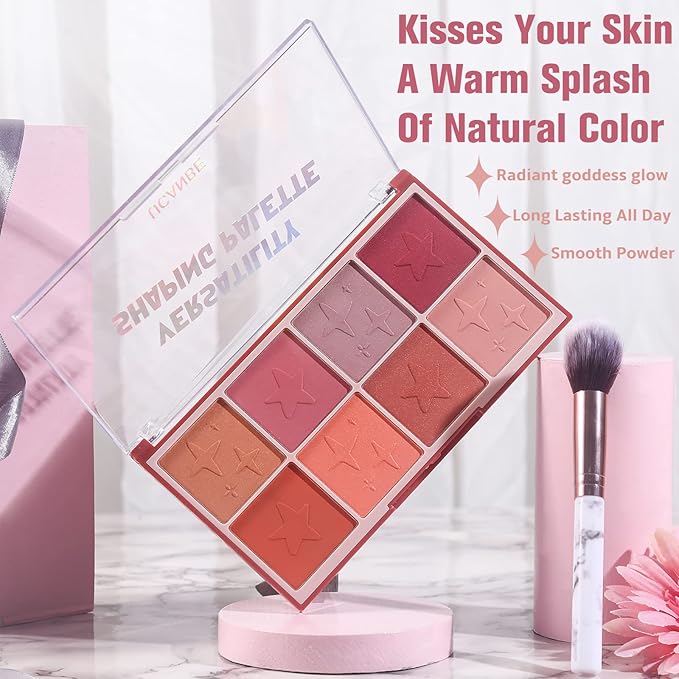 8 Colors Face Matte Blush Palette Shading Blusher with Brush - Buildable Facial Cheek Blusher Contour Bronzing Pressed Powder Makeup Pallet Women Gift Set (02 Shimmer Matte)