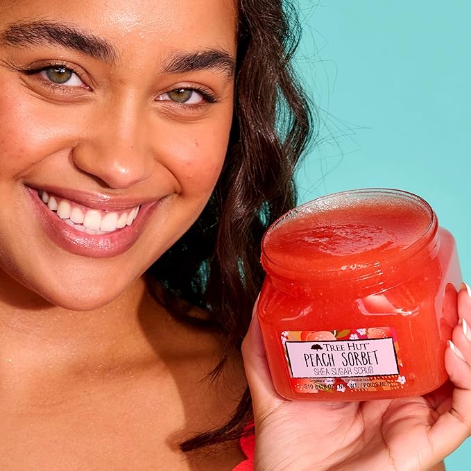 Tree Hut Peach Sorbet Shea Sugar Scrub | Exfoliating Body Scrub Removes Dead, Dry Skin for a Soft & Hydrated Feel | Nourishing Essential Body Care | 18 fl oz.