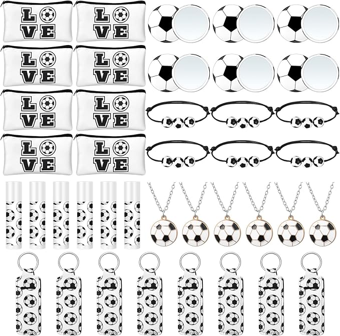 72 Pcs Sports Team Gifts Include 12 Makeup Bags 12 Lip Balm 12 Lip Balm Holder 12 Necklace 12 Adjustable Bracelet 12 Mirrors for Sports Lovers Players Party Favors (Black, Soccer)