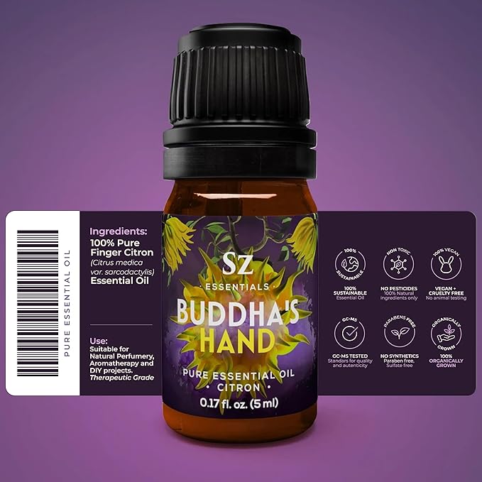 Buddha's Hand Essential Oil, 100% Pure, Extracted from The Most Fragrant Italian Finger Citron - Citrusy & Lemony Scent with Sweet Overtones - Therapeutic Grade & Vegan - 0.17oz (5ml)