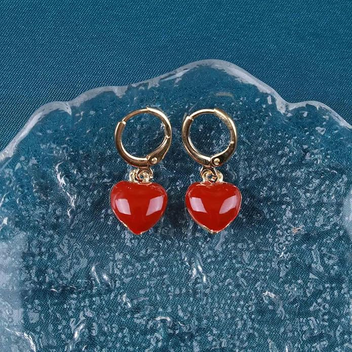 Vintage Heart Dangle earrings Red Coral Earrings Red Heart Love Huggie Earrings Gold Hoop Huggie Earrings Jewelry for Women