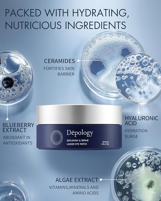 depology Replenish & Repair Under Eye Patches for Puffy Eyes, Wrinkles (60 Patches) | Hydrating with Ceramides and Hyaluronic Acid for All Skin Types | Botanical Extracts Eye Gel Pads 2.96 fl oz
