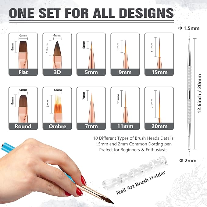 Nail Art Bushes Set, Professional 5Pcs Double-Ended Nail Brush Kit for Details, Long Lines, Ombre & 3D Design-Perfect for DIY Manicures & Salons (Blue)