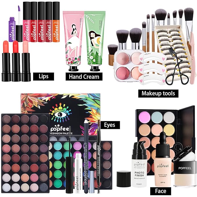 Pure Vie All-in-One Holiday Gift Surprise Makeup Set Essential Starter Bundle Include Eyeshadow Palette Lipstick Concealer Blush Mascara Eyeliner Face Powder Lipgloss Brush - Full Makeup Kit for Women