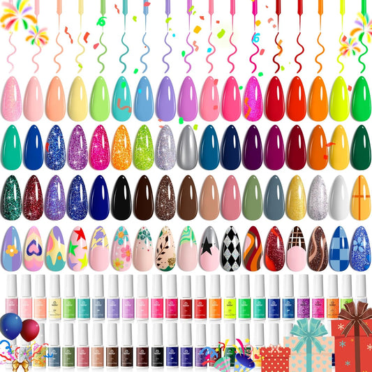 Beetles Gel Polish Liner Nail Art Set, 50 Colors Spring Summer Reflective Glitter Pink Red Blue Green Silver Gel Polish Soak Off UV Built Thin Brush in Bottle Nail Design Polish Rainbow Nails